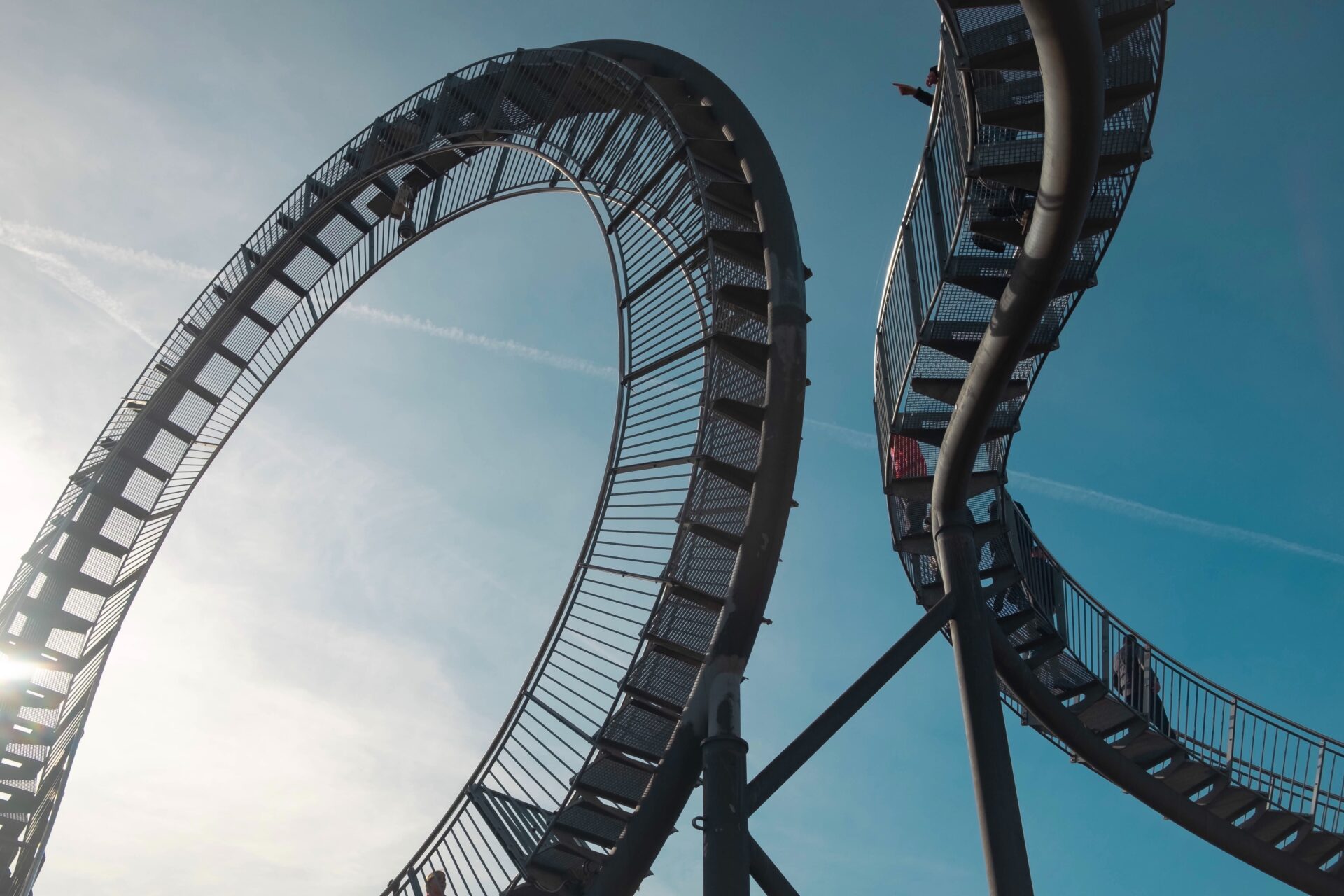 A roller coaster loop against a clear sky.